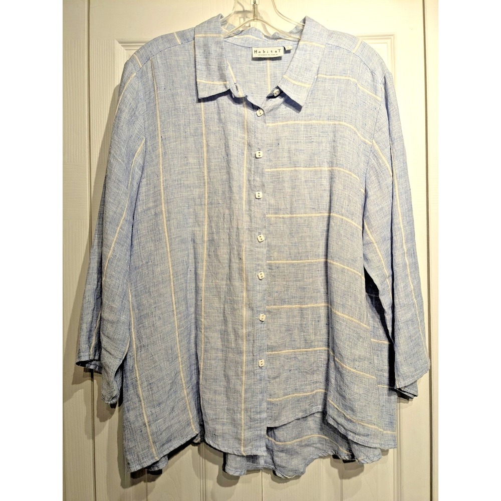 Habitat Linen Shirt Womens Large Blue White Striped‎ Button Front 3/4 Sleeve